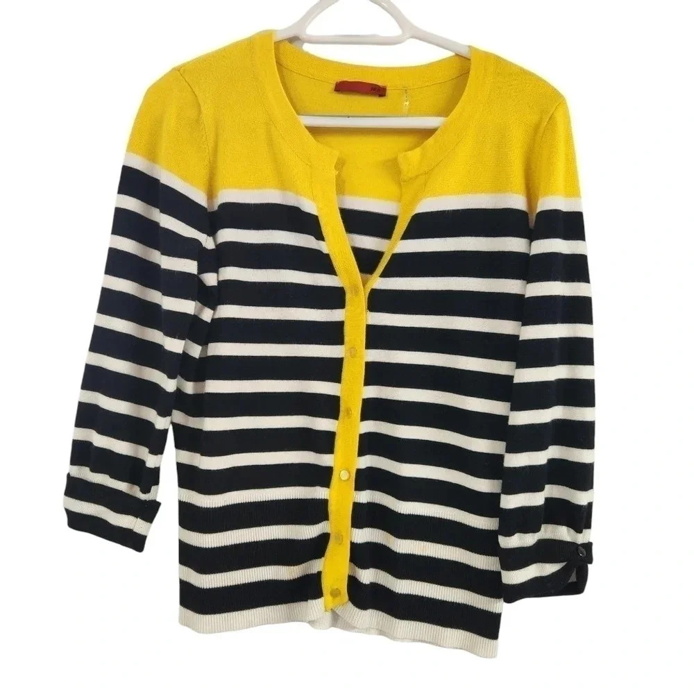 Red Button Cardigan Size L Yellow Block Black White Striped Long Sleeve *READ* - Picture 1 of 16